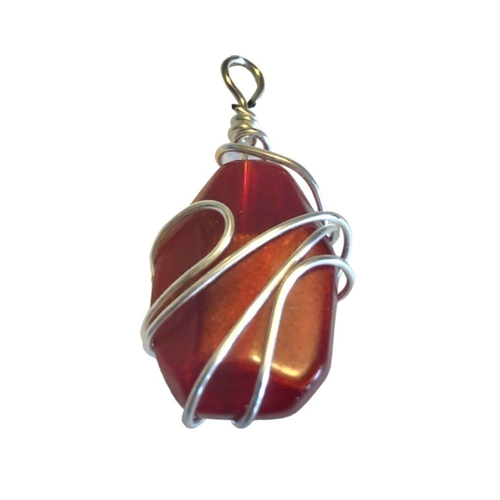 Geometric Red Stone Wire Wrapped Pendant Silver Tone Boho